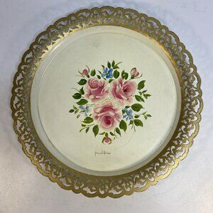 Vtg Nashco Reticulated Toleware Hand Painted Roses Metal Gold Ornate Tray 12”
